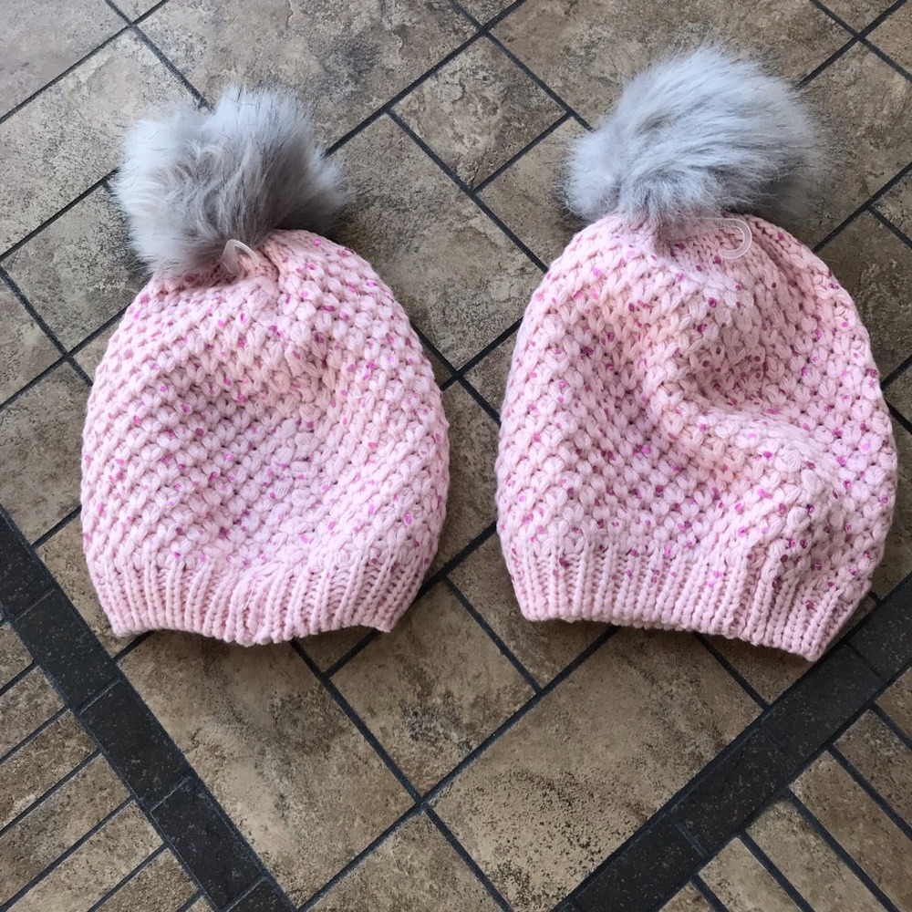 Two Pink Knit Hats with Gray Pom Poms - Picture 2 of 4